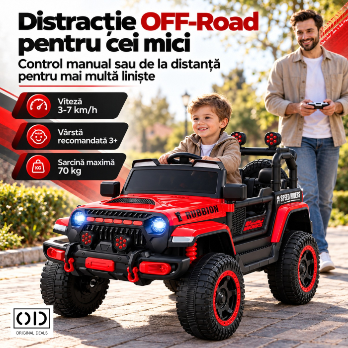 Masina Electrica pentru Copii, , Off-Road, Conectare Bluetooth, telecomanda, Tractiune Spate, Lumina Intermitenta, Baterie 12V 7Ah, 120 x 63 x 68cm, Rosu [2]