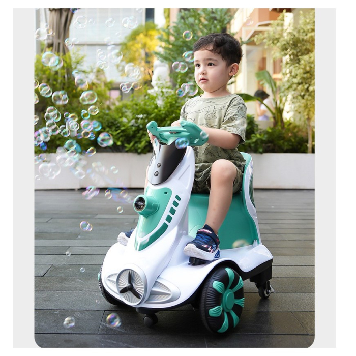 Masinuta electrica cu telecomanda pentru copii, , roti spate rotire 360, curea siguranta, baloane de sapun, lumini si sunete, self control si prin telecomanda, cu pedale de acceleratie si frana, verde [3]