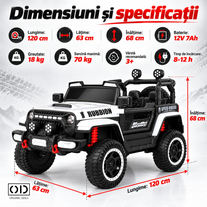 Masina Electrica pentru Copii, , Off-Road, Conectare Bluetooth, telecomanda, Tractiune Spate, Lumina Intermitenta, Baterie 12V 7Ah, 120 x 63 x 68cm, Alb [5]