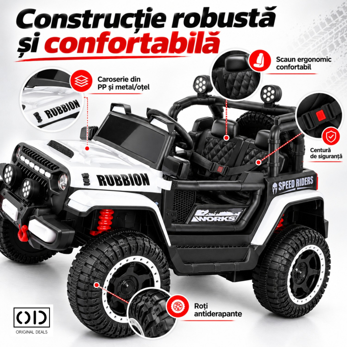 Masina Electrica pentru Copii, , Off-Road, Conectare Bluetooth, telecomanda, Tractiune Spate, Lumina Intermitenta, Baterie 12V 7Ah, 120 x 63 x 68cm, Alb [4]
