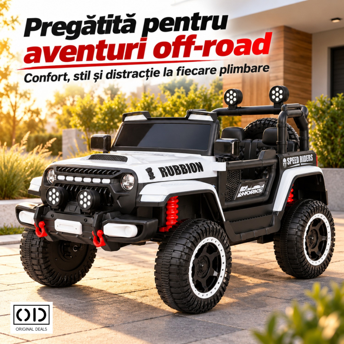 Masina Electrica pentru Copii, , Off-Road, Conectare Bluetooth, telecomanda, Tractiune Spate, Lumina Intermitenta, Baterie 12V 7Ah, 120 x 63 x 68cm, Alb [7]