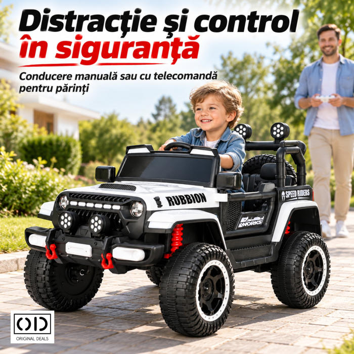 Masina Electrica pentru Copii, , Off-Road, Conectare Bluetooth, telecomanda, Tractiune Spate, Lumina Intermitenta, Baterie 12V 7Ah, 120 x 63 x 68cm, Alb [2]