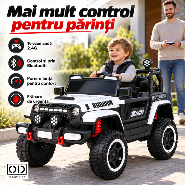 Masina Electrica pentru Copii, , Off-Road, Conectare Bluetooth, telecomanda, Tractiune Spate, Lumina Intermitenta, Baterie 12V 7Ah, 120 x 63 x 68cm, Alb [6]