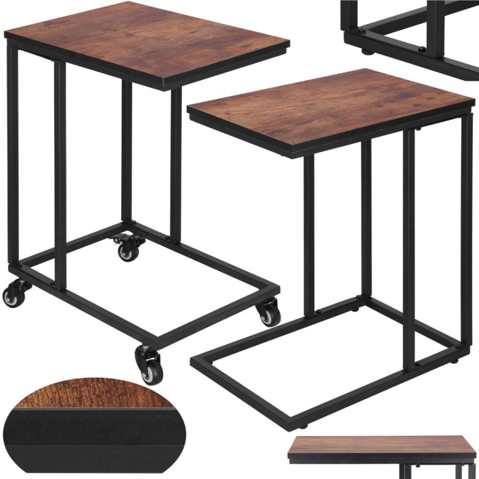 Masuta de cafea, cu cadru de otel si roti, industrial, 35x50x66 cm, maro wenge [6]