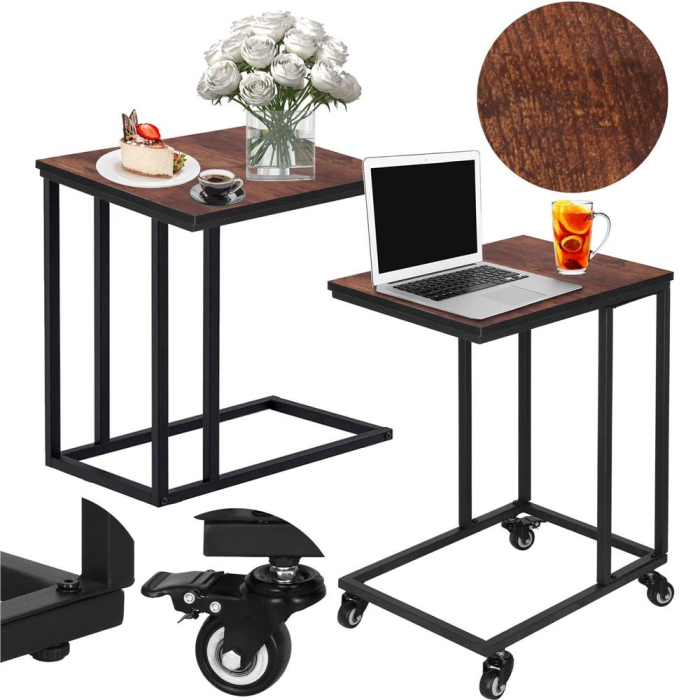 Masuta de cafea, cu cadru de otel si roti, industrial, 35x50x66 cm, maro wenge [5]
