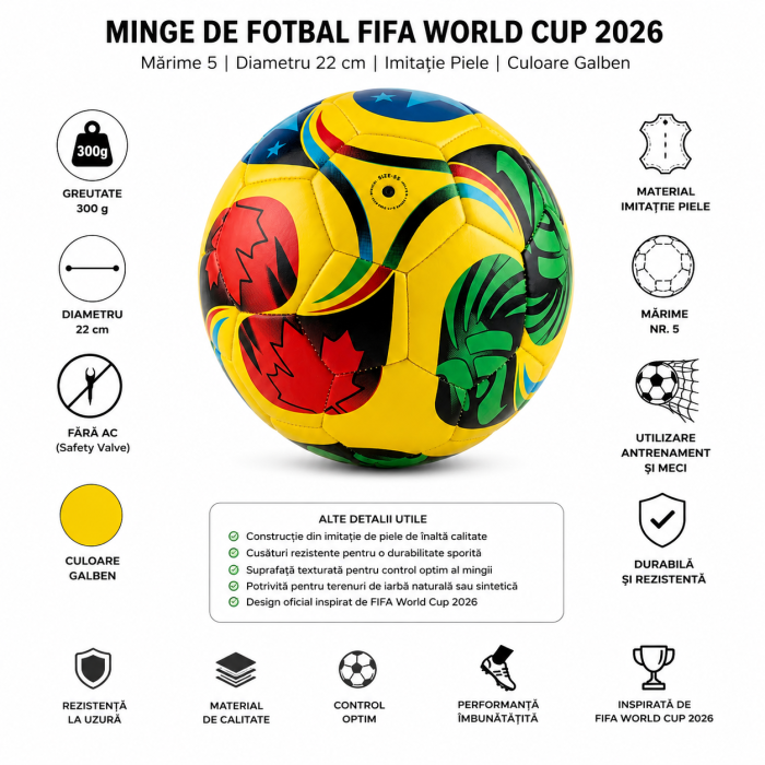 Minge de Fotbal FIFA 2026, Marime nr 5, Diametru 22 cm, din Imitatie de Piele, Multicolor | ORIGINAL DEALS [8]