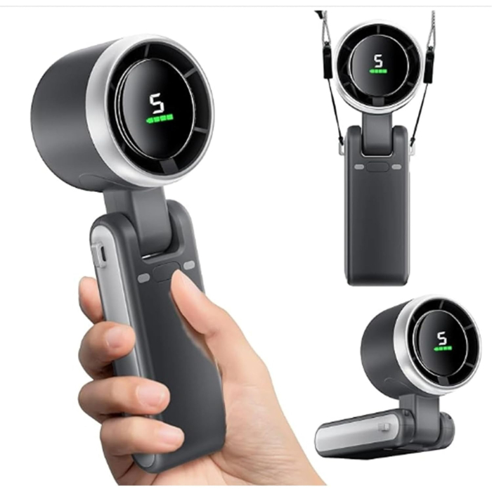 Mini Ventilator Portabil, , 5 Trepte de Viteza, Afisaj Digital, Incarcare USB, 5V, 2A, 5.95 x 5.2 x 17.2 cm, Negru [4]