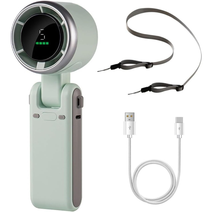 Mini Ventilator Portabil, , 5 Trepte de Viteza, Afisaj Digital, Incarcare USB, 5V, 2A, 5.95 x 5.2 x 17.2 cm, Verde [2]