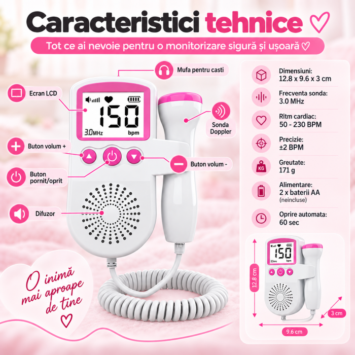 Monitor Fetal Doppler ORIGINAL DEALS, Ecran LCD 4.5 cm, Sonda 3 MHz, Portabil, 2 x AA Neincluse [9]