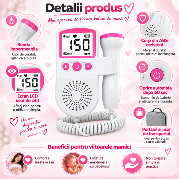 Monitor Fetal Doppler ORIGINAL DEALS, Ecran LCD 4.5 cm, Sonda 3 MHz, Portabil, 2 x AA Neincluse [7]