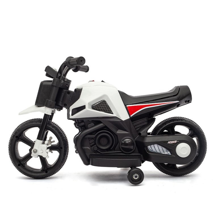 Motocicleta Electrica cu 2 Roti Mari si 2 Roti Ajutatoare, , Acumulator Incarcare, Anti-Rasturnare, Lumini, Muzica, Motor:380, Baterie 6V4.5, 41.5x70x34 cm, 4.5 Kg, 3 Ani+, Alb Negru [10]