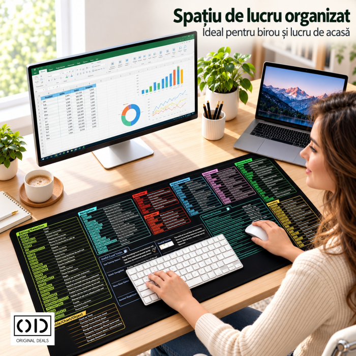 Mousepad XL Negru 90 x 40 cm cu Formule si Scurtaturi Excel, Suport pentru Tastatura si Mouse, ORIGINAL DEALS [6]