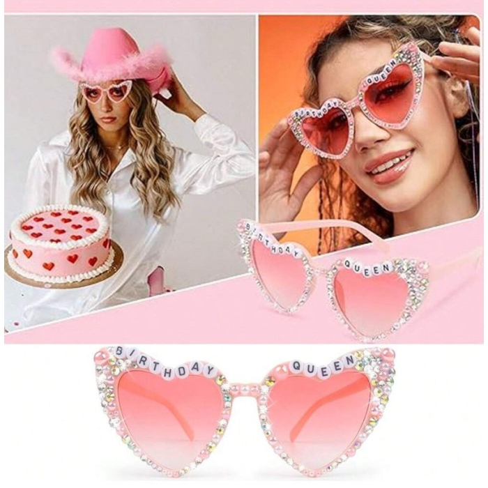 Ochelari Decorativi, , Model Birthday Queen, cu Diamante, pentru Aniversari, din PC, 15.3 x 5.7 x 14.5 cm, Roz [6]