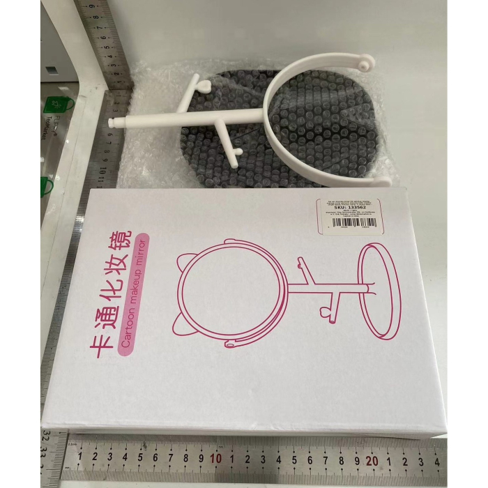 Oglina Cosmetica cu Picior, , HD, Rotire 360 Grade, 15 cm Diametru, Suport Bijuterii Baza + Brate, Model cu Urechi, 30 x 16.5 x 15 cm, Alb/Negru [7]