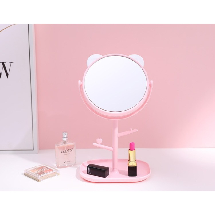 Oglina Cosmetica cu Picior, , HD, Rotire 360 Grade, 15 cm Diametru, Suport Bijuterii Baza + Brate, Model cu Urechi, 30 x 16.5 x 15 cm, Roz [6]