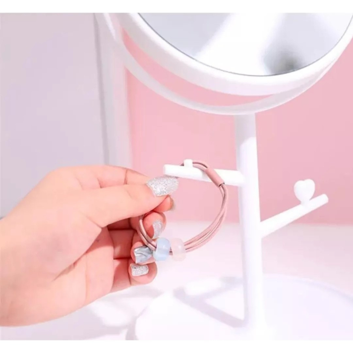 Oglina Cosmetica cu Picior, , HD, Rotire 360 Grade, 15 cm Diametru, Suport Bijuterii Baza Rotunda + 2 Brate, Model cu Urechi, 31 x 14.5 x 15 cm, din Plastic, Alb [3]