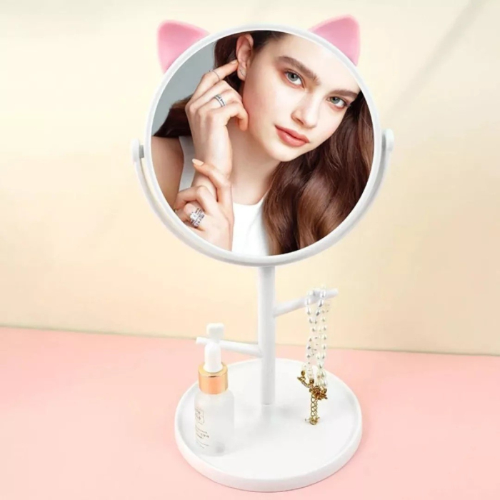 Oglina Cosmetica cu Picior, , HD, Rotire 360 Grade, 15 cm Diametru, Suport Bijuterii Baza Rotunda + 2 Brate, Model cu Urechi, 31 x 14.5 x 15 cm, din Plastic, Alb [2]