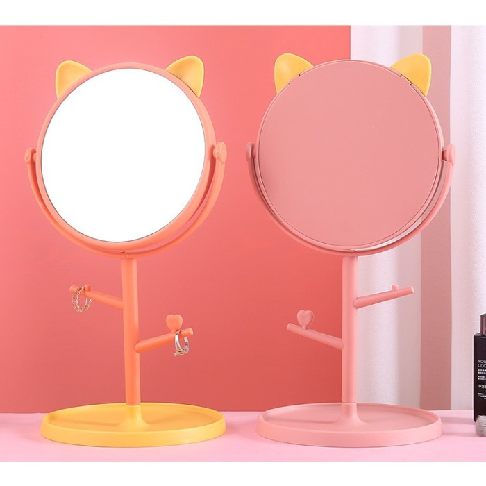 Oglina Cosmetica cu Picior, , HD, Rotire 360 Grade, 15 cm Diametru, Suport Bijuterii Baza Rotunda + 2 Brate, Model cu Urechi, 31 x 14.5 x 15 cm, din Plastic, Portocaliu/Galben [3]