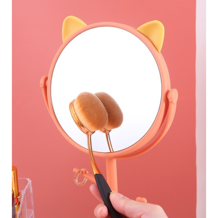 Oglina Cosmetica cu Picior, , HD, Rotire 360 Grade, 15 cm Diametru, Suport Bijuterii Baza Rotunda + 2 Brate, Model cu Urechi, 31 x 14.5 x 15 cm, din Plastic, Portocaliu/Galben [5]