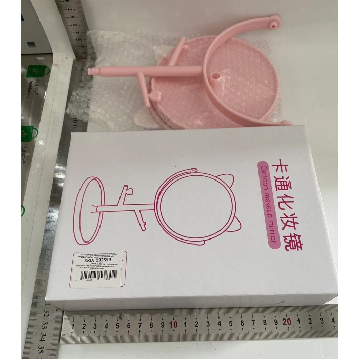 Oglina Cosmetica cu Picior, , HD, Rotire 360 Grade, 15 cm Diametru, Suport Bijuterii Baza Rotunda + 2 Brate, Model cu Urechi, 31 x 14.5 x 15 cm, din Plastic, Roz/Alb [4]