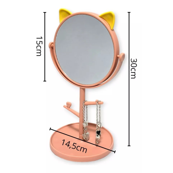 Oglina Cosmetica cu Picior, , HD, Rotire 360 Grade, 15 cm Diametru, Suport Bijuterii Baza Rotunda + 2 Brate, Model cu Urechi, 31 x 14.5 x 15 cm, din Plastic, Roz/Galben [3]