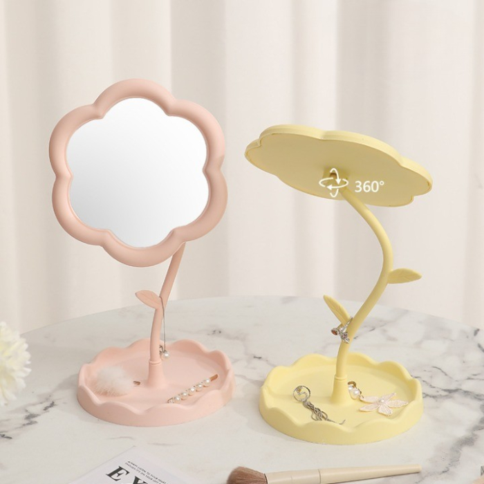 Oglindă de Machiaj pentru Birou, , Rotativă, Detasabilă, Model de Floarea Soarelui, Suport pentru Inele, cu Depozitare, Galbena [3]