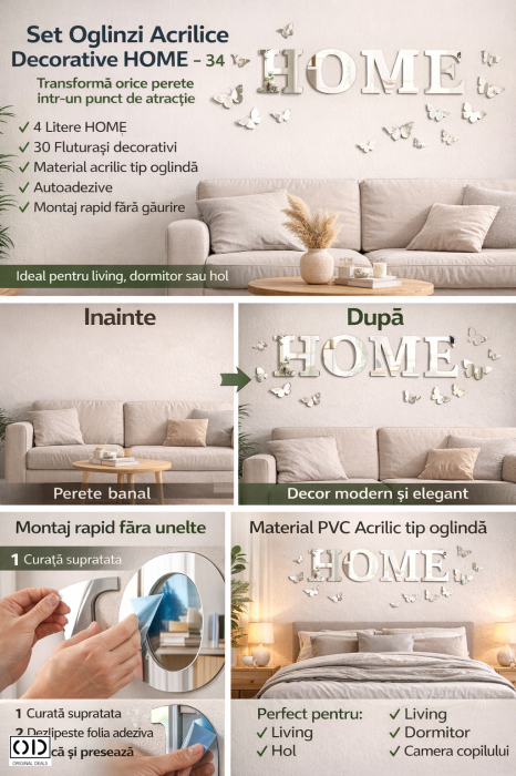 Oglinda Decorativa Text HOME cu Fluturasi Set 34 Bucati – ORIGINAL DEALS [4]