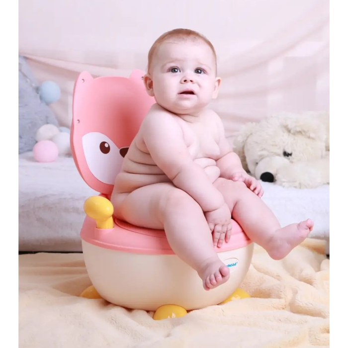 Olita pentru Copii, , +6 luni, Compartiment Detasabil, cu Capac, Antiderapanta, din Plastic, Colac Moale, Model Animat Vulpe, cu Maner, 34.5 x 35 x 23 cm, Roz/Alb [5]