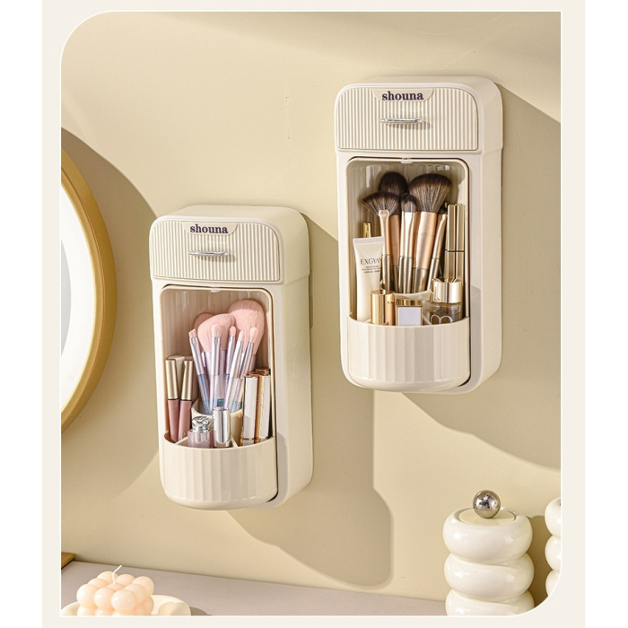 Organizator Baie, , 4 Compartimente si 1 Sertar, Rotire 360 Grade, din PP+PET, 27.5 x 16 x 11 cm, Crem [2]