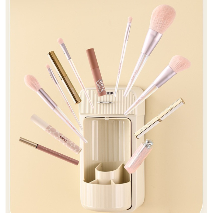 Organizator Baie, , 4 Compartimente si 1 Sertar, Rotire 360 Grade, din PP+PET, 27.5 x 16 x 11 cm, Crem [4]