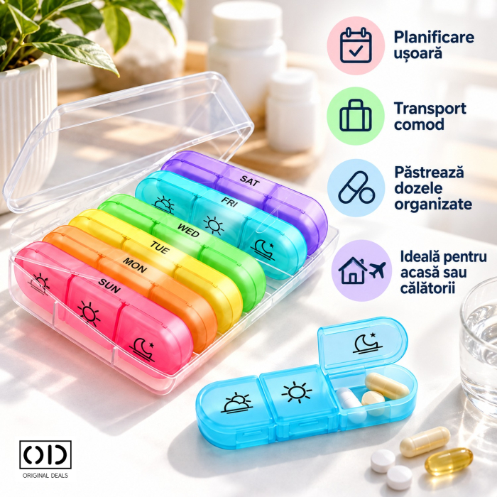 Organizator medicamente 7 zile, 21 compartimente colorate detasabile, cutie transparenta, ORIGINAL DEALS [6]