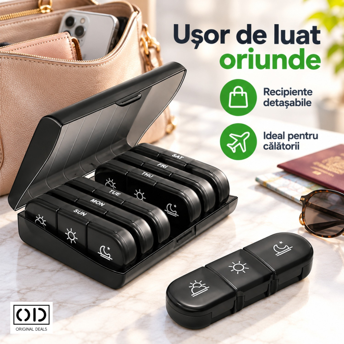 Organizator medicamente 7 zile, 21 compartimente, cutie suport neagra cu recipiente detasabile, ORIGINAL DEALS [2]