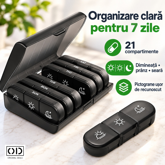 Organizator medicamente 7 zile, 21 compartimente, cutie suport neagra cu recipiente detasabile, ORIGINAL DEALS [3]