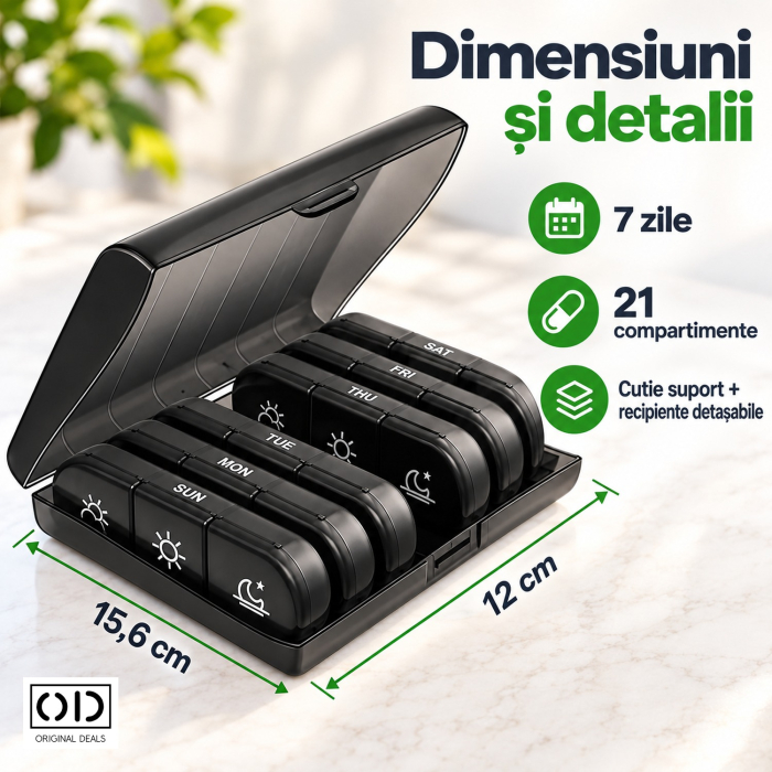 Organizator medicamente 7 zile, 21 compartimente, cutie suport neagra cu recipiente detasabile, ORIGINAL DEALS [5]