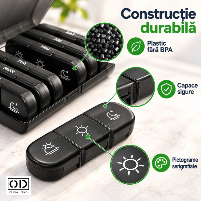 Organizator medicamente 7 zile, 21 compartimente, cutie suport neagra cu recipiente detasabile, ORIGINAL DEALS [4]