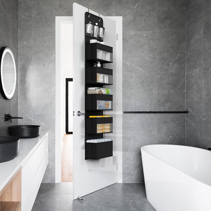 Organizator Suspendat pentru Usi, , din Nailon si Plasa, Baza de Carton Ingrosat, 5 Buzunare Principale + 5 Buzunare Laterale, 146 x 40 x 17 cm, 2 Carlige Incluse, Negru [4]