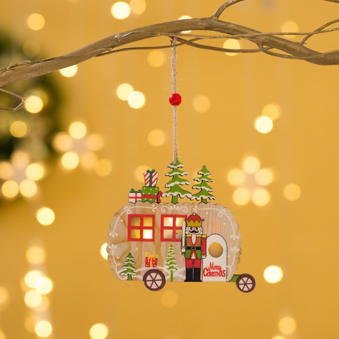 Ornament de Brad, , cu Lumini LED, din Lemn, Figurina Spargatorul de Nuci, Model Masina, Multicolor [2]