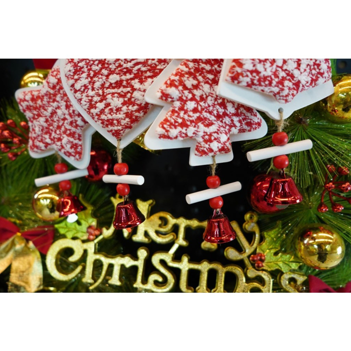 Ornament de brad stea din tweed, , alb/rosu, lemn, 18 cm [4]