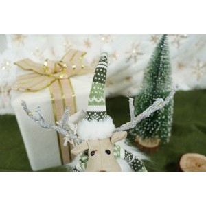 Ornament de Craciun ren pe schiuri model 2, , alb/verde, textil, 33 cm [8]