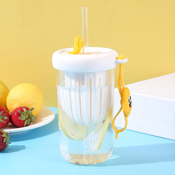 Pahar din silicon, cu capac si pai, pentru copii, , anti-cadere, compartiment pentru fructe/ceai/gheata, rezistent la temperaturi inalte, 500ml, Alb, 14.5x8.8x20 cm [4]