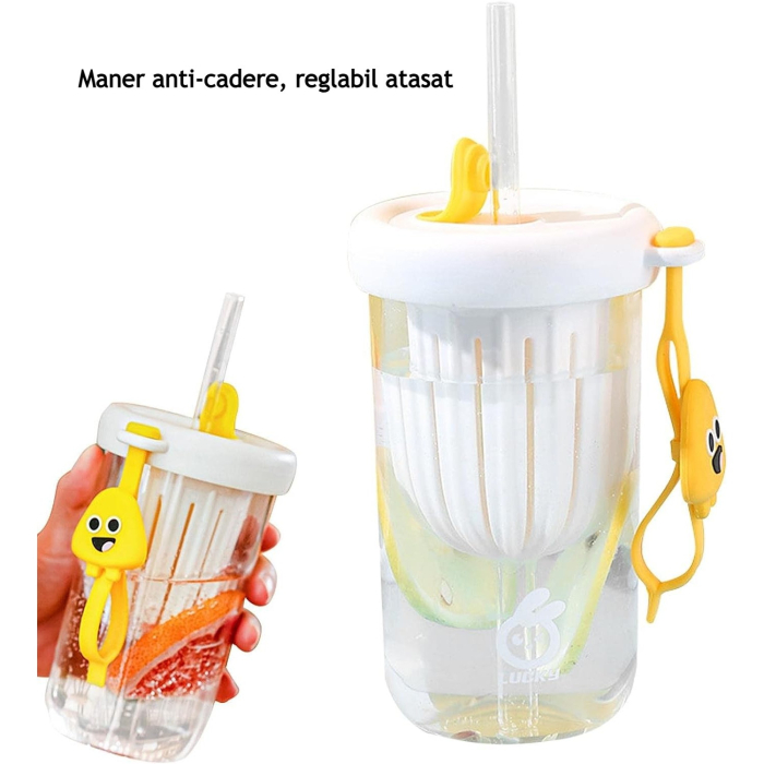 Pahar din silicon, cu capac si pai, pentru copii, , anti-cadere, compartiment pentru fructe/ceai/gheata, rezistent la temperaturi inalte, 500ml, Alb, 14.5x8.8x20 cm [7]