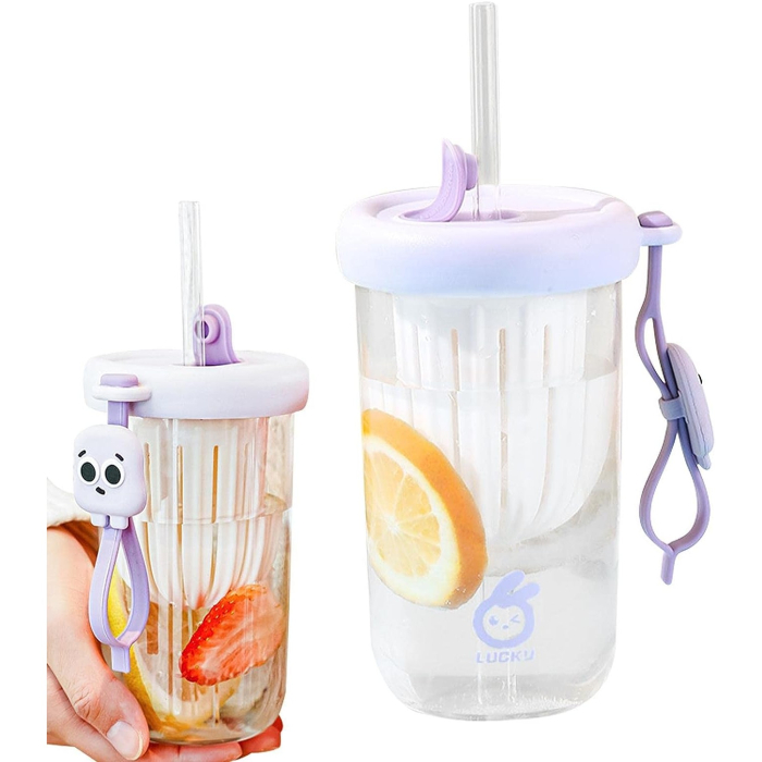 Pahar din silicon, cu capac si pai, pentru copii, , anti-cadere, compartiment pentru fructe/ceai/gheata, rezistent la temperaturi inalte, 500ml, Mov, 14.5x8.8x20 cm [6]