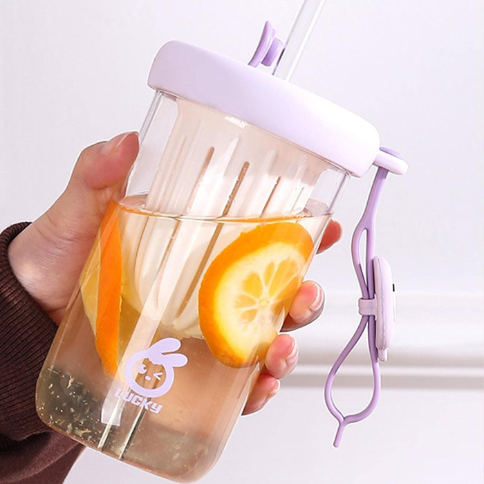 Pahar din silicon, cu capac si pai, pentru copii, , anti-cadere, compartiment pentru fructe/ceai/gheata, rezistent la temperaturi inalte, 500ml, Mov, 14.5x8.8x20 cm [4]