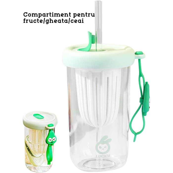 Pahar din silicon, cu capac si pai, pentru copii, , anti-cadere, compartiment pentru fructe/ceai/gheata, rezistent la temperaturi inalte, 500ml, Verde, 14.5x8.8x20 cm [2]
