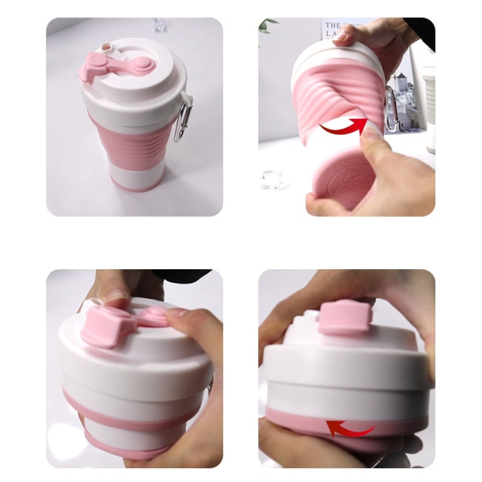 Pahar pliabil din silicon , pentru calatorii, camping, 750 ml, pai inclus, 11.6 x 19.3 cm, roz [2]