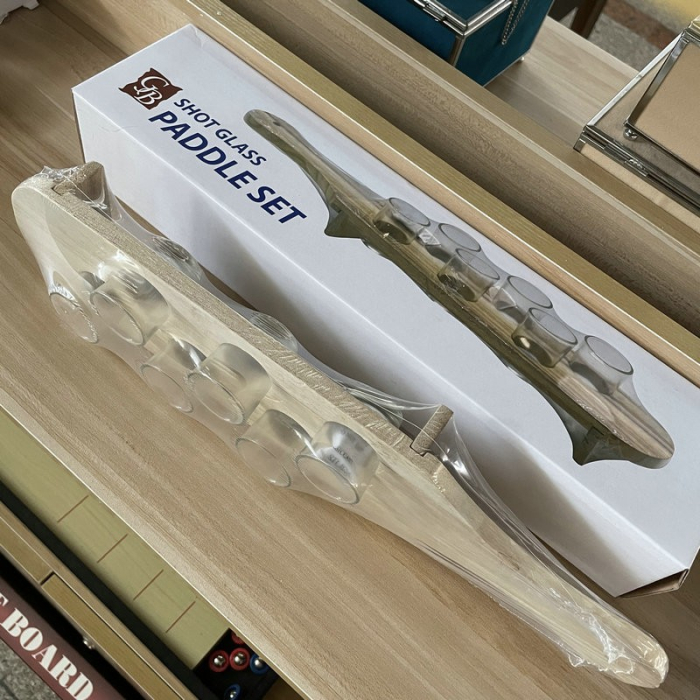 Pahare Shot din Sticla, , Set 6 pahare pentru Shot cu Suport din Lemn, Design Rustic, 41 x 8.5 x 6 cm, Model 2, Maro [6]