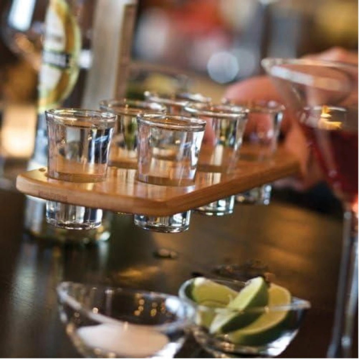 Pahare Shot din Sticla, , Set 6 pahare pentru Shot cu Suport din Lemn, Design Rustic, 41 x 8.5 x 6 cm, Model 2, Maro [3]