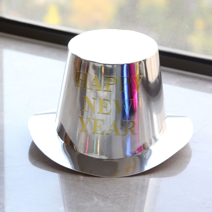 Palarie Happy New Year pentru Revelion, , Palarie Festiva de Anul Nou, Palarie Magica din Hartie, 29 x 25 x 15.5 cm, Colorata Sclipitor Argintiu [2]