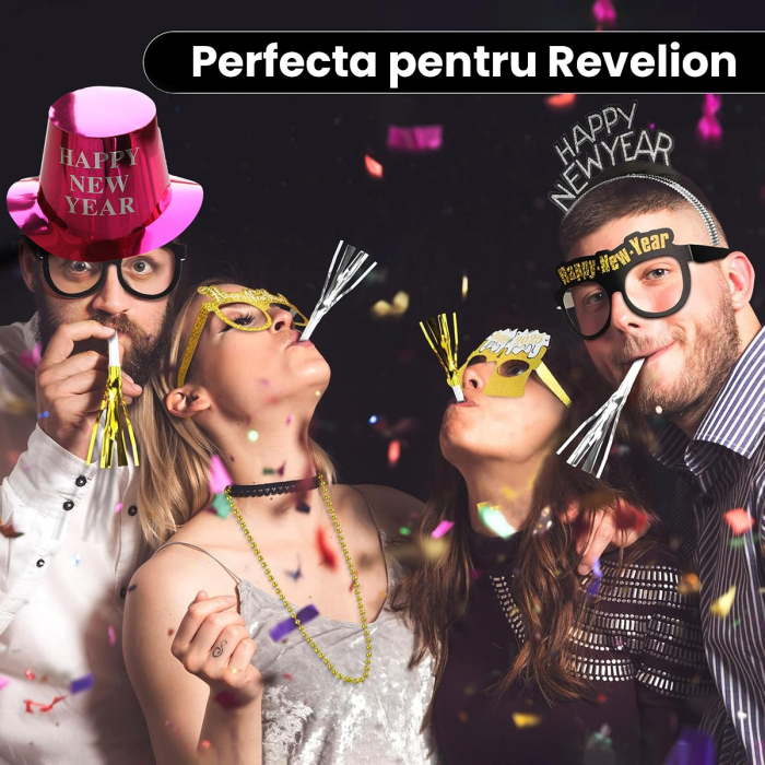 Palarie Happy New Year pentru Revelion, , Palarie Festiva de Anul Nou, Palarie Magica din Hartie, 29 x 25 x 15.5 cm, Colorata Sclipitor Roz [3]