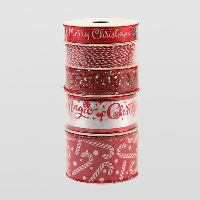 Panglica Decorativa cu Tematica de Craciun, , Set din 4 bucat + 1 Rulon Ata Rosie Alba, Panglica pentru Cadou de Craciun Brad si Decor, 2 M per bucata, Model Acadele, Rosu [5]